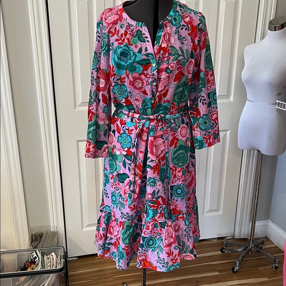 Talbots Pink Floral Long Sleeve Belted Midi Dress